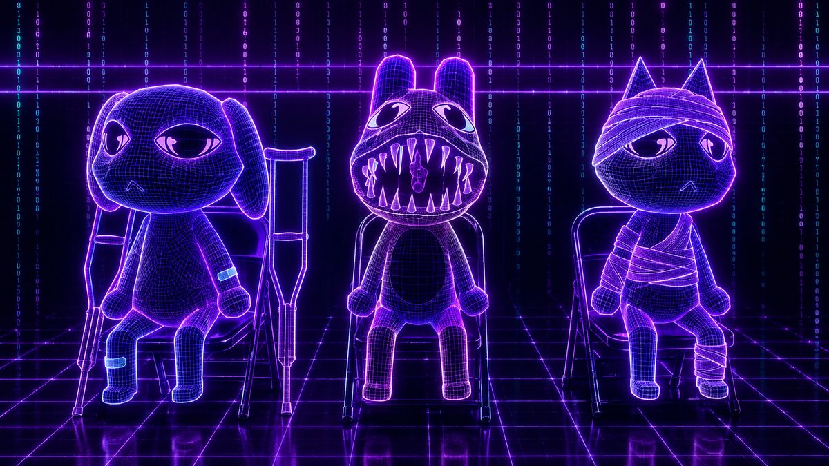 Animal Hospital — neon wireframe Roblox animal characters seated in a hospital waiting room