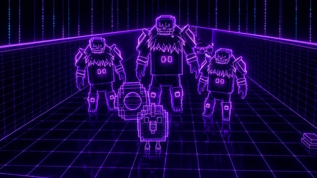 Steal an Egg — neon wireframe Roblox characters carrying an egg down a tiled corridor