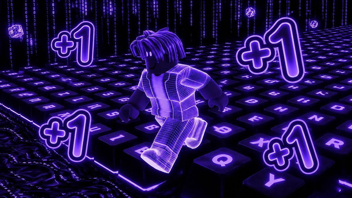 Speed Keyboard Escape — neon Roblox character running across a giant keyboard